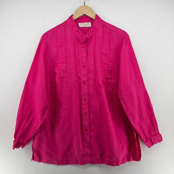 TOTO n KO Shirt Womens 1X Linen Mandarin Pintuck Button Up Long Sleeve Pink Vtg - Picture 1 of 16